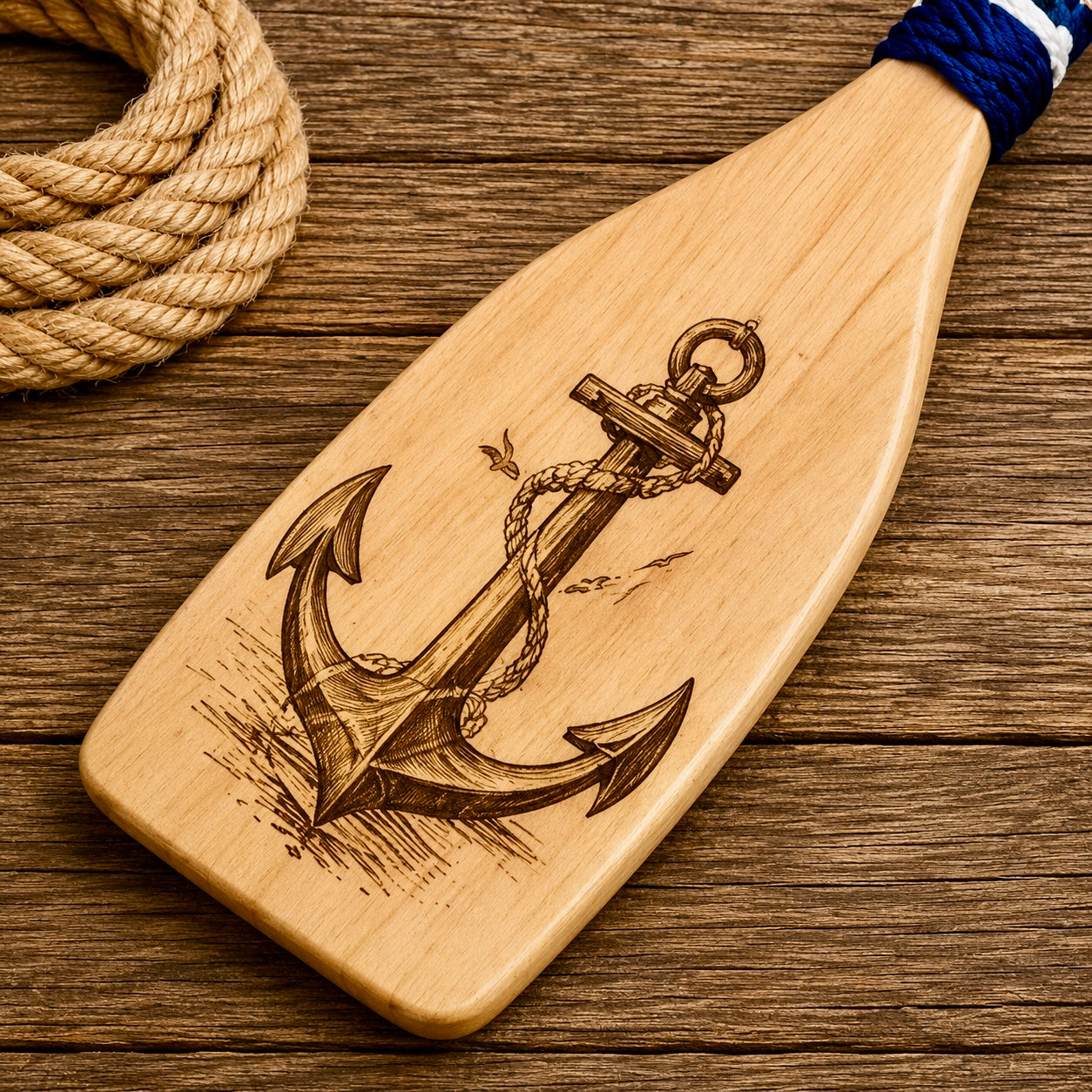Double-Sided Engraved Lighthouse & Anchor Wood Paddle | Coastal Nautical Wall Decor | Handmade Beach House Decor