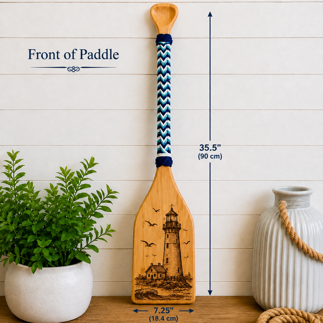 Double-Sided Engraved Lighthouse & Anchor Wood Paddle | Coastal Nautical Wall Decor | Handmade Beach House Decor