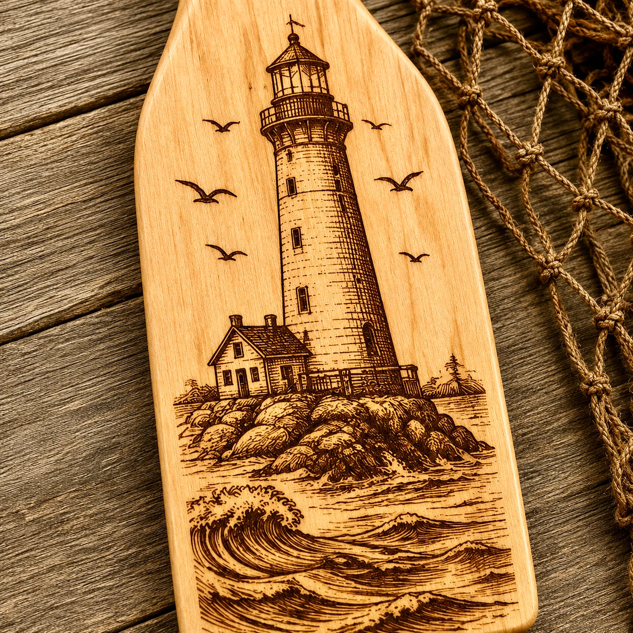 Double-Sided Engraved Lighthouse & Anchor Wood Paddle | Coastal Nautical Wall Decor | Handmade Beach House Decor