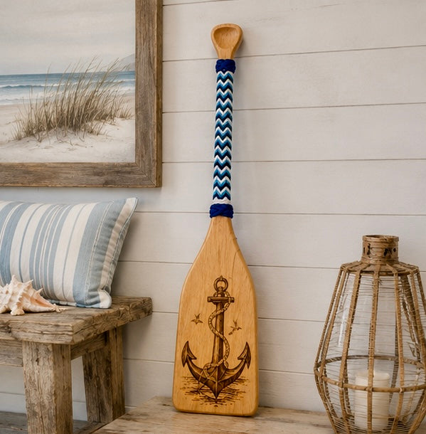 Double-Sided Engraved Lighthouse & Anchor Wood Paddle | Coastal Nautical Wall Decor | Handmade Beach House Decor