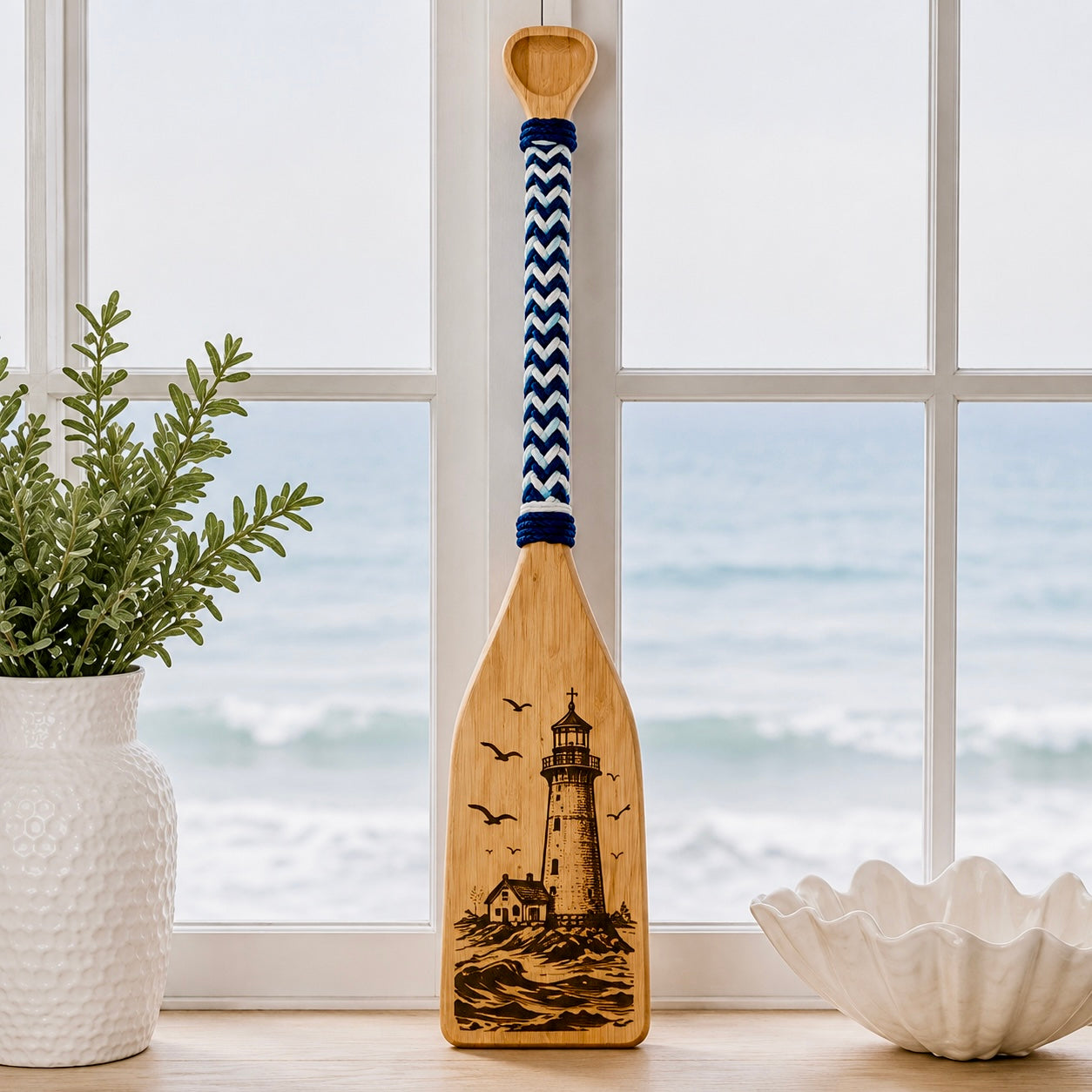 Double-Sided Engraved Lighthouse & Anchor Wood Paddle | Coastal Nautical Wall Decor | Handmade Beach House Decor