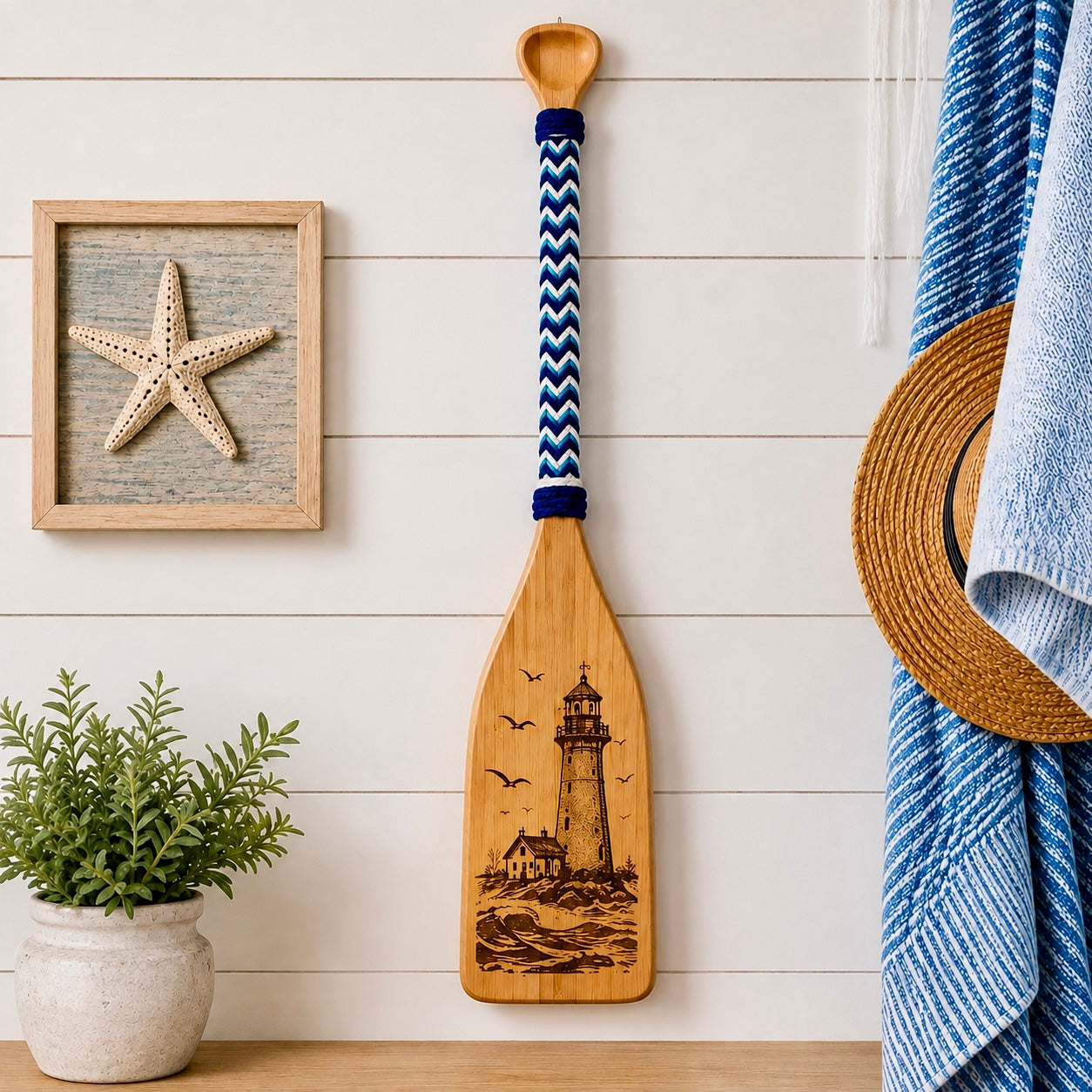 Double-Sided Engraved Lighthouse & Anchor Wood Paddle | Coastal Nautical Wall Decor | Handmade Beach House Decor