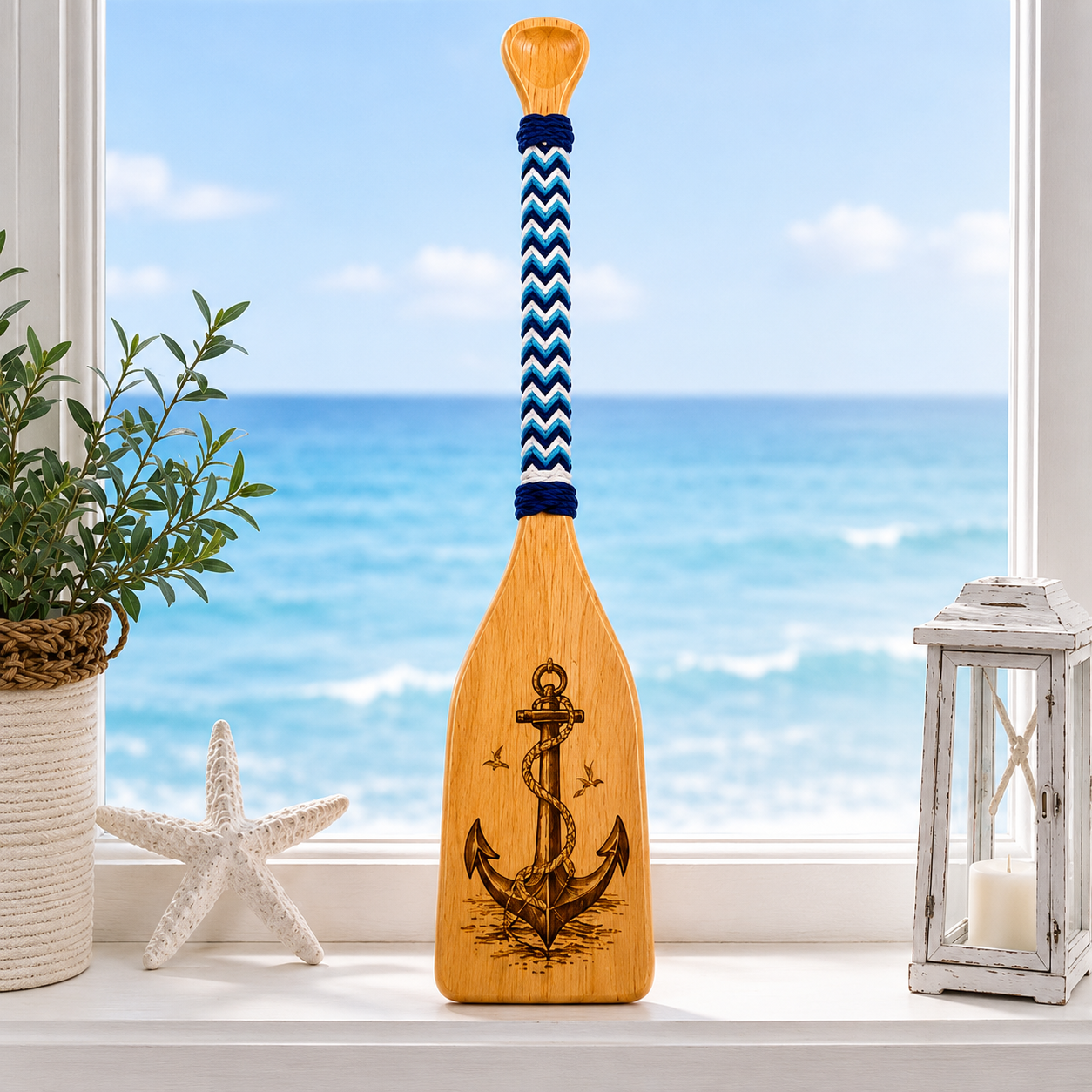 Double-Sided Engraved Lighthouse & Anchor Wood Paddle | Coastal Nautical Wall Decor | Handmade Beach House Decor