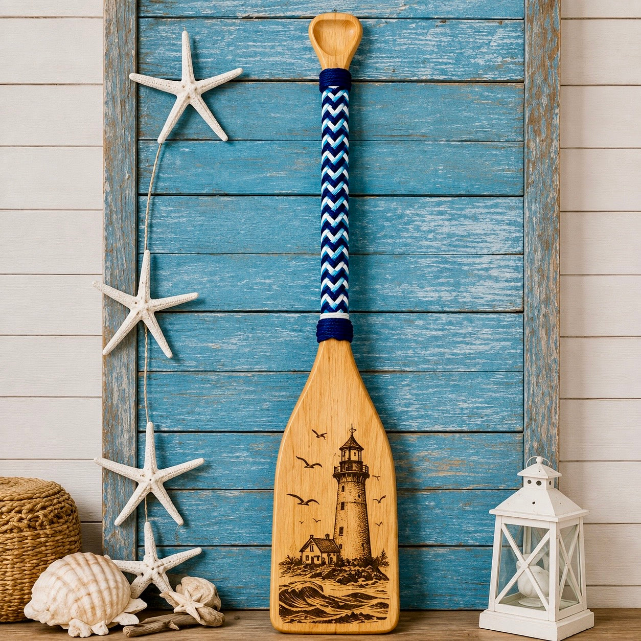 Double-Sided Engraved Lighthouse & Anchor Wood Paddle | Coastal Nautical Wall Decor | Handmade Beach House Decor